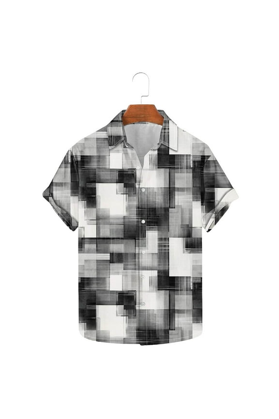 Aueoeo Big & Tall Shirts for Men Short Sleeve Button Up Shirts Mens Loose Summer Vacation Plaid Shirt Casual Colorful T-Shirt for Party Clubwear 3X 4X 5X Gray