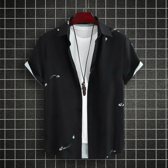 Njoeus Black Tees for Men Big & Tall Tops Men's Hawaiian Shirt Short Sleeved Lapel Button Up Shirt Beach Fashion Casual Shirt Top/Shirt Blouse Mens White Tee Shirts