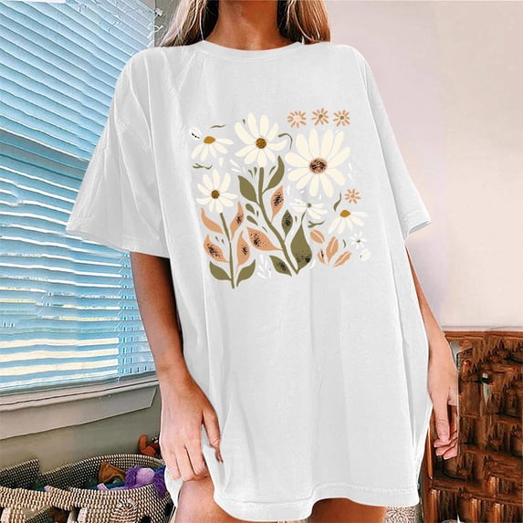 Njoeus Blouses for Women Dressy Casual Custom T Shirts Flower Graphic Shirt for Women Cute Floral Printed Short Sleeve Summer Tops Ladies Vintage Tees Teen Girls Casual T Shirt S-Xxl Oversized Graphic