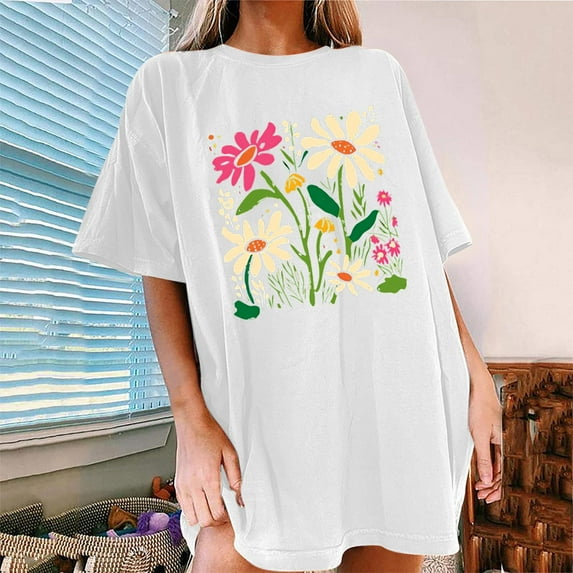 Njoeus Blouses for Women Dressy Casual Hawaiian Shirts for Women Womens Casual Oversized T-Shirt Trendy Cute Floral Tops Summer Workout Shirts Loose Funny Flowers Graphic Tees for Women Teen Girls Wom