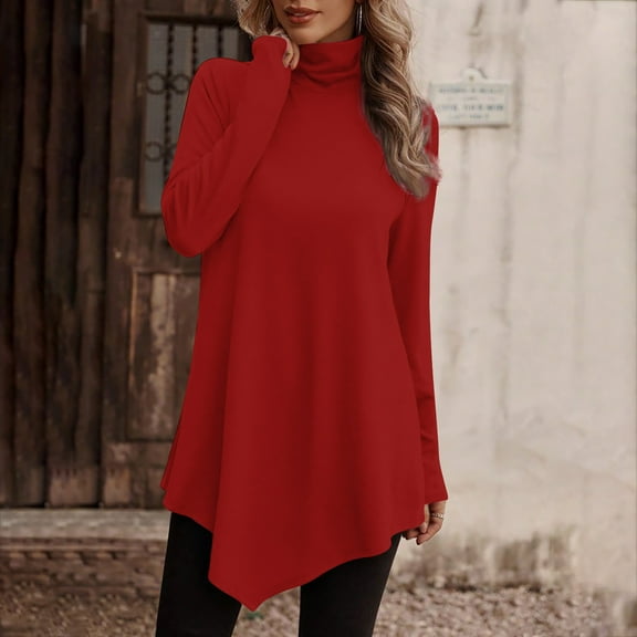 Njoeus Blouses for Women Dressy Casual, Women's Basic T-Shirt Turtle Neck Sweatshirts Spring Winter Turtleneck Tunic Tops Long Sleeve Pullover Casual High Low Hem Blouse S-XXL