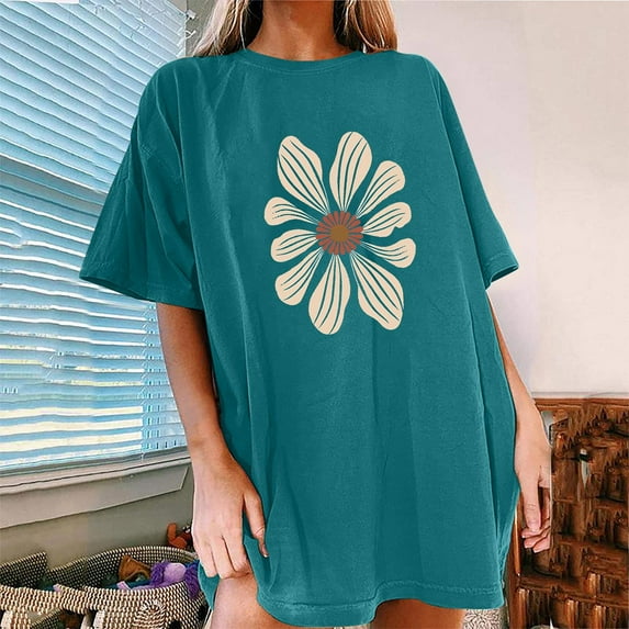 Njoeus Blouses for Women Dressy Casual Blouses for Women Women's Casual Cute Print Graphic Tee Oversized T-Shirt Short Sleeve Loose Going Out Tops for Women Round Neck Trendy Summer Tunic Tops Women S