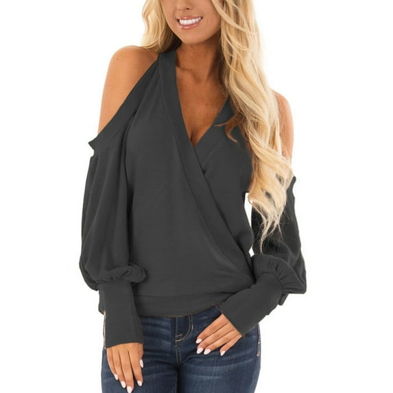Njoeus Blouses for Women Dressy Casual, Women's Off The Shoulder Pullover Halter V-Neck Shirts Long Sleeve Tunics Tops Loose Blouse