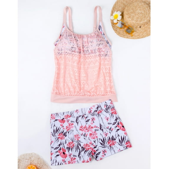 Njoeus Blouson Tankinis Swimsuits for Women Floral Two Piece Bathing Suits Modest Swimwear Crochet Lace Hollow Out Tank Top with Boyshorts L-5XL (Available in Plus Size)