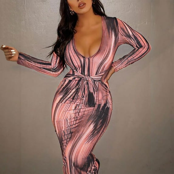 Njoeus Bodycon Dresses for Women Pencil Party Club Night Out Midi Sheath Dress Long Sleeve Striped Long Maxi Dress with Belt