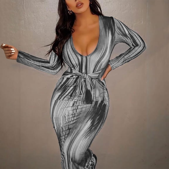 Njoeus Bodycon Dresses for Women Pencil Party Club Night Out Midi Sheath Dress Long Sleeve Striped Long Maxi Dress with Belt