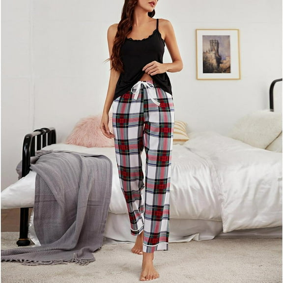 Njoeus Cami Pajamas Set Womens Soft Sleepwear 2 Piece Sleeveless Tank + Plaid Long Pants Sets Lounge Nightwear Comfy Pjs Outfits