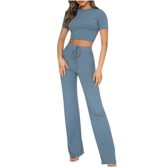 Njoeus Casual Women Solid Color Ribbed Knit Short Sleeve Crop Tops and Drawstring Long Pants Two Piece Outfit Set Tracksuit