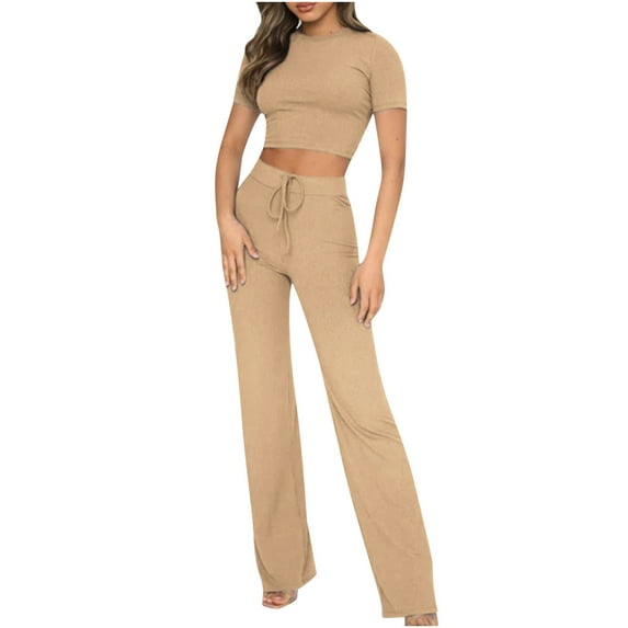 Njoeus Casual Women Solid Color Ribbed Knit Short Sleeve Crop Tops and Drawstring Long Pants Two Piece Outfit Set Tracksuit