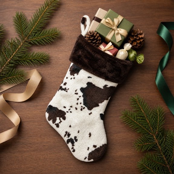 Njoeus Christmas Cow Print with Bow Fireplace Hanging Bag, Tree Gift Bag Storage Hanging Ornament, Cow Print Random Patterns Brings Cow Print Stocking for Fireplace, Style D