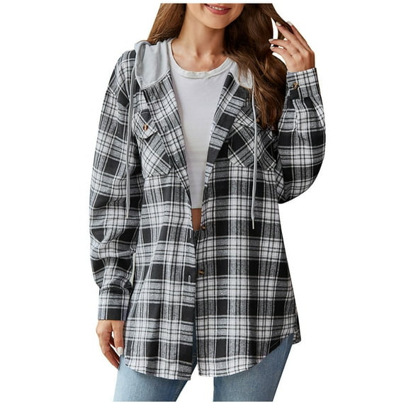 Njoeus Classic Plaid Hoodies for Women - Flannel Long Sleeve Button-Up Drawstring Shirt Jacket with Pockets Casual Outfits