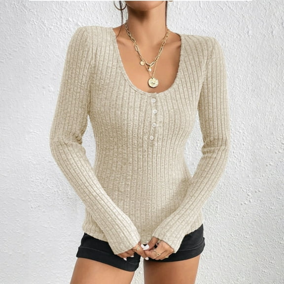 Njoeus Comfy Tshirt, Women's Button Scoop Neck Slim Fitted Sweater Tops Comfy Knit Long Sleeve Casual Tee Shirt Blouse