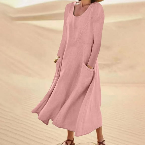 Njoeus Cotton Linen Dresses for Women Casual Long Sleeve Tunic Sundress Lounge Loose Tank Dress with Big Pockets S-4XL