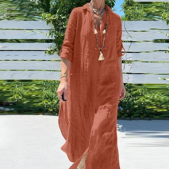 Njoeus Cotton Linen Maxi Dress for Women's Plus Size Casual V-Neck Collar Shirt Dress 3/4 Sleeve Loose Long Dresses Fall Clothes S-5XL