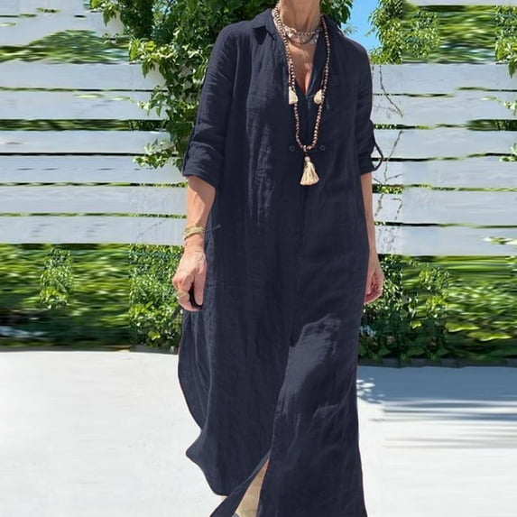 Njoeus Cotton Linen Maxi Dress for Women's Plus Size Casual V-Neck Collar Shirt Dress 3/4 Sleeve Loose Long Dresses Fall Clothes S-5XL