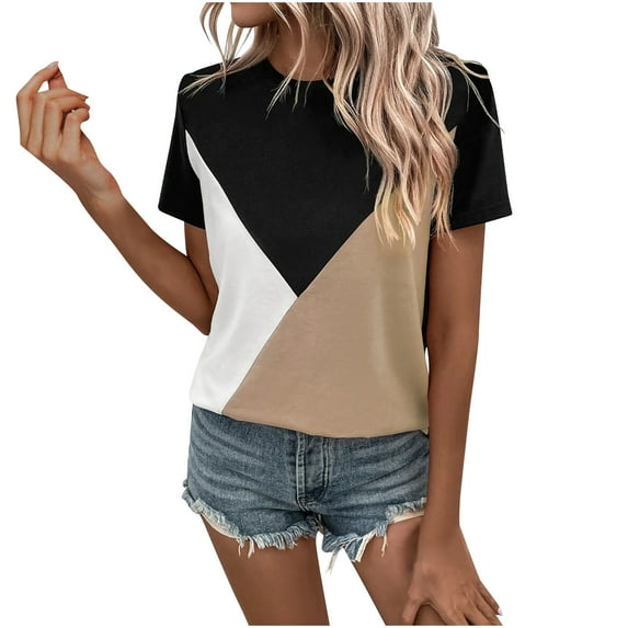 Njoeus Crewneck Shirts for Women, Womens Color Block Short Sleeve Tops Loose Casual Tee Summer T-Shirt Blouses S-XXL