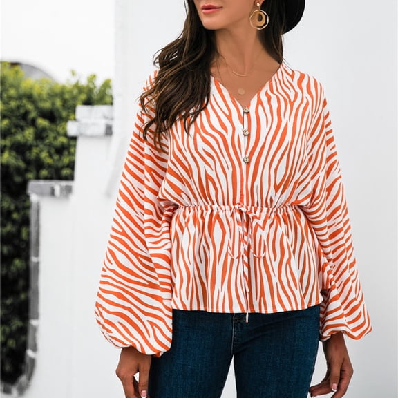 Njoeus Crop Tops, Women Elegant Bell Long Sleeve Striped T-Shirt Tie Waist Ruffle Office Work Shirts Casual Button V-Neck Blouse Tops