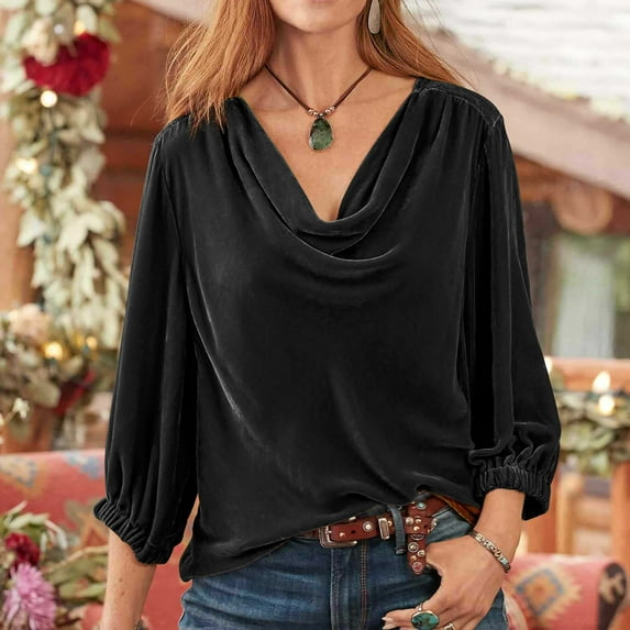 Njoeus Crop Tops, Women's Elegant Vintage Cowl Neck Velvet T-Shirt Party Loose Long Sleeve Tunic Top Clubwear S-XXL