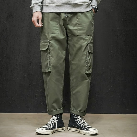 Njoeus Cropped Pants Plus Pants Men Solid Color Casual Pants Drawstring Mouth Hiking Work Pants Outdoor Clothing Free Assembly Men's Pants On Clearance