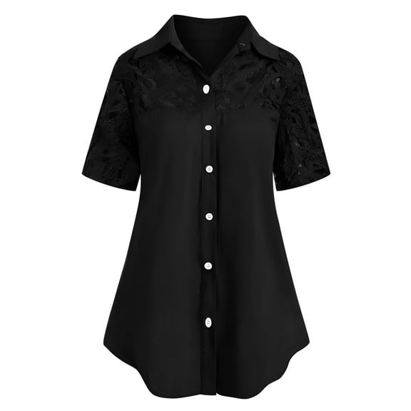 Njoeus Cute Summer Tops for Women Business Casual Tops for Women Women's Buttons Down Dress Shirts Short Sleeve Lace Patchwork Flowy Tunic Tops Business Casual Work Office Blouses Shirts Wedding Dress