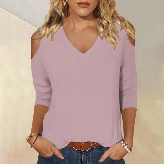 Njoeus Cute Summer Tops for Women Women's Summer Tops Off The Shoulder Tops for Women Fashion Sexy Summer Tops 3/4 Sleeve T-Shirt V-Neck Casual Three Quarter Sleeve Blouse Hawaiian Shirts for Women Su