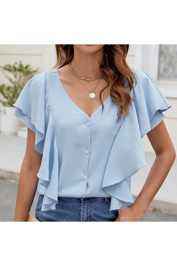 Cute Summer Tops for Women Womens Tops Dressy Casual Women's Fashion Ruffle Sleeve Summer Tops Button Up V-Neck Dressy Casual Blouse Comfy Short Sleeve Cute Top Work Office Clothes Women On Cle