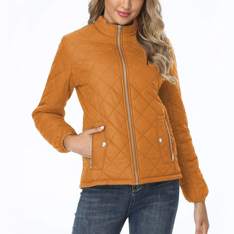 Njoeus Diamond Quilted Jacket for Women Stand Collar Lightweight
