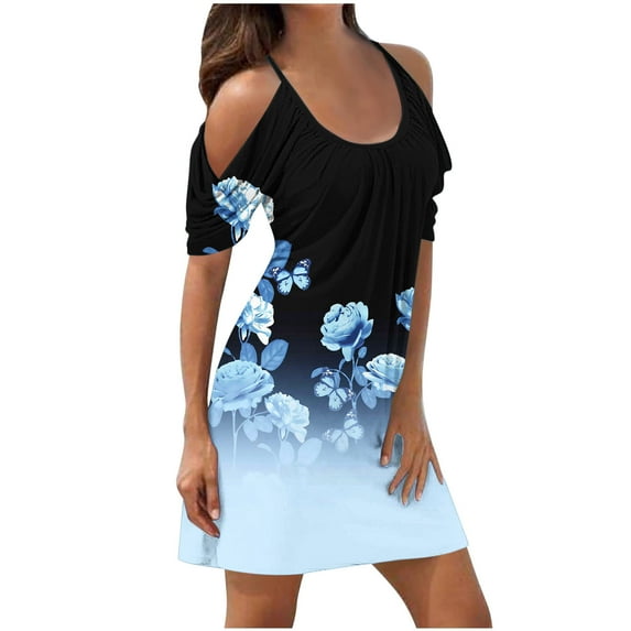 Njoeus Dresses for Women 2024 Summer Short Sleeve Cold Shoulder T-Shirt Dress Casual Boho Floral Print Beach Dress Loose Swings Sundress S-3XL
