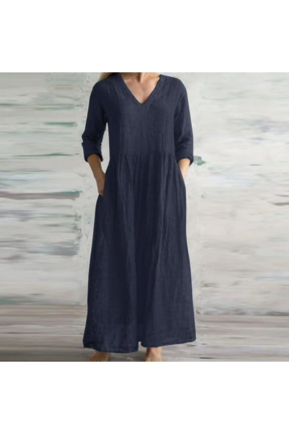 Fall Maxi Dresses for Women Casual Cotton Linen Long Dress V-Neck Loose Long Sleeve Flowy High Waist Pleated Midi Dress S-5XL