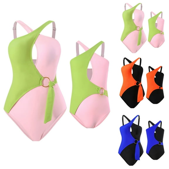 Njoeus Family Matching Swimsuits Mother and Daughter One - Piece Swimsuit Monokini Women Girls Color Block Bathing Suit Swimwear (2Pcs)