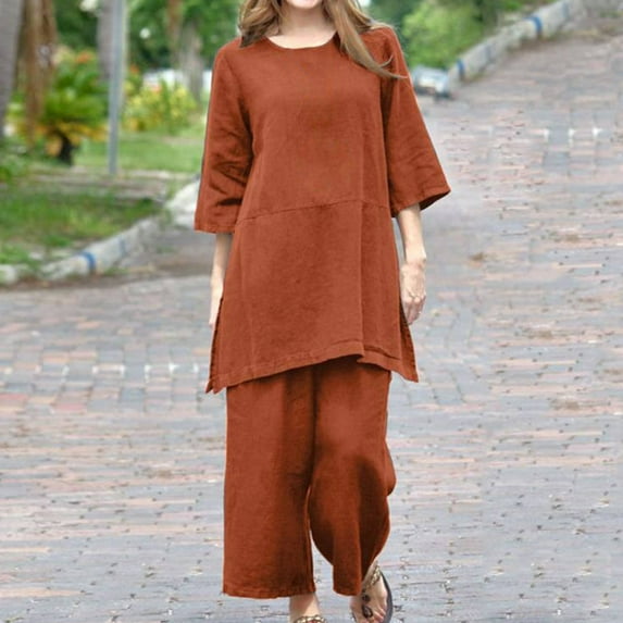 Njoeus Fashion Cotton Linen Set for Women Casual Half Sleeve Oversized Pullover Long Tunic Tops Wide Leg Long Pants 2 Piece Lounge Outfits S-5XL Plus Size
