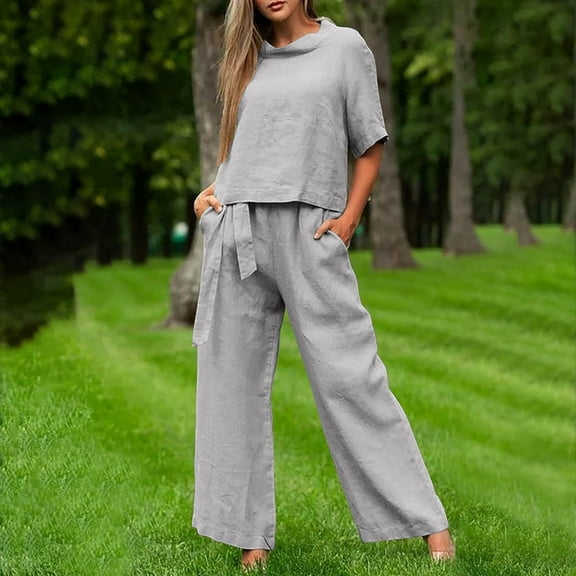 Njoeus Fashion Women's Cotton Linen 2 Piece Outfits Short Sleeve Crewneck Tops Wide Leg Pants Sets Women's Casual Two Piece Lounge Set