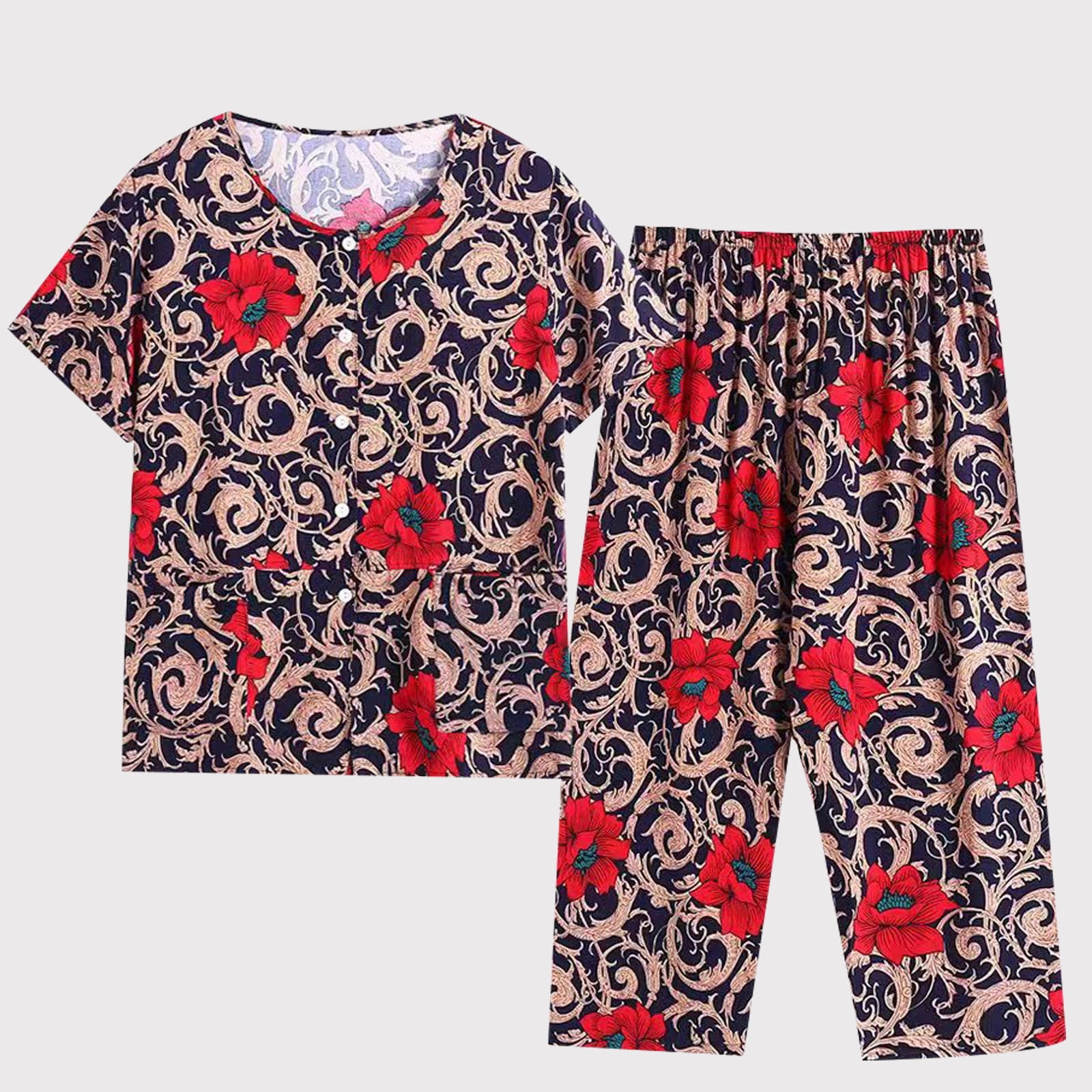 Njoeus Floral Capris Pajamas Set Women 2 Piece Short Sleeve Button-Down ...