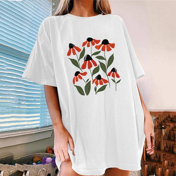 Njoeus Going Out Tops for Women Custom T Shirts Womens Casual Oversized T-Shirt Trendy Cute Floral Tops Summer Workout Shirts Loose Funny Flowers Graphic Tees for Women Teen Girls Womens Clothes Summe