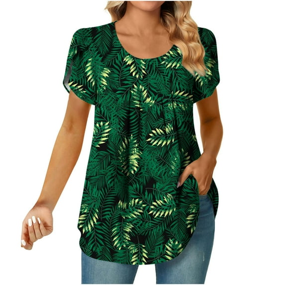Njoeus Going Out Tops for Women, Shirts for Women Womens Round Neck Short Sleeve Tunics Shirt Floral Pleated Dressy Blouses Casual Loose Fitting Summer Tops S-XXL