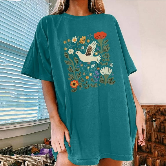 Njoeus Going Out Tops for Women White Tops for Women Oversized Tshirts for Women Summer Floral Printed T Shirt Cute Flower Graphic Tees for Women Girls Loose Fitted Crew Neck Short Sleeve Casual Tunic