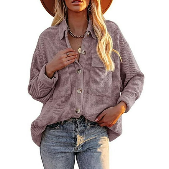 Njoeus Going Out Tops for Women, Women's Corduroy Button Up Shacket Cardigan Shirts Long Sleeve Lapel Loose Shirt Jacket Coat with Pokets