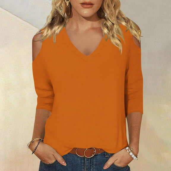 Njoeus Going Out Tops for Women Tshirts Shirts for Women Off The Shoulder Tops for Women Fashion Sexy Summer Tops 3/4 Sleeve T-Shirt V-Neck Casual Three Quarter Sleeve Blouse White Shirt Womens On Cle