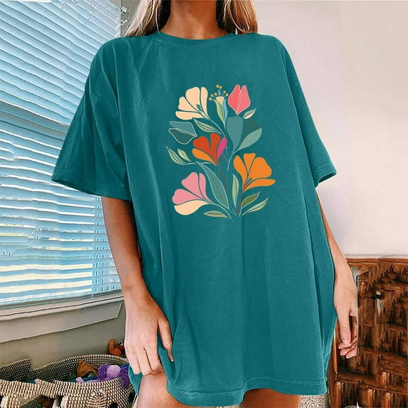 Njoeus Going Out Tops for Women Tshirts Shirts for Women Womens Casual Oversized T-Shirt Trendy Cute Floral Tops Summer Workout Shirts Loose Funny Flowers Graphic Tees for Women Teen Girls White Blous