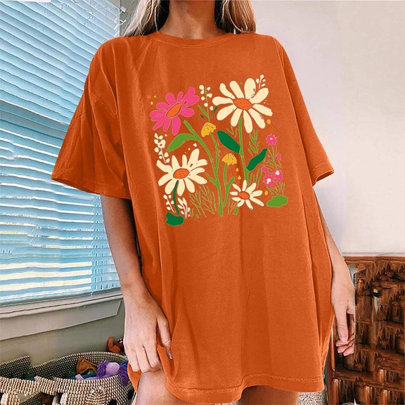 Njoeus Going Out Tops for Women Y2K Tops Womens Casual Oversized T-Shirt Trendy Cute Floral Tops Summer Workout Shirts Loose Funny Flowers Graphic Tees for Women Teen Girls Vacation Outfits for Women