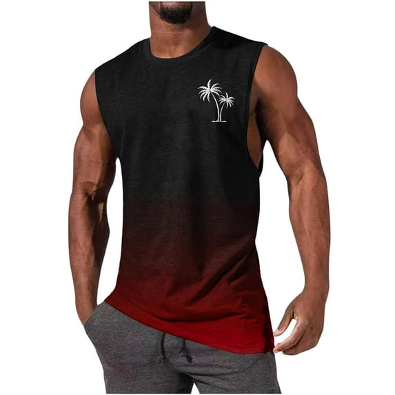 Njoeus Gradient Color Men's Sports Tank Tops Summer Hawaiian Palm Tree Graphic Beach Shirts for Men Casual Sleeveless Muscle Shirts for Gym Workout Running S-XXL Wine Summer Savings