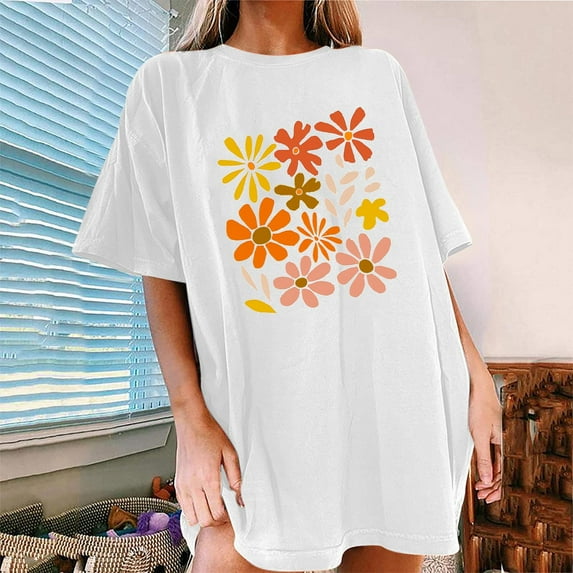Njoeus Graphic Tees for Women Custom T Shirts Flower Graphic Shirt for Women Cute Floral Printed Short Sleeve Summer Tops Ladies Vintage Tees Teen Girls Casual T Shirt S-Xxl White Blouse for Women Sum