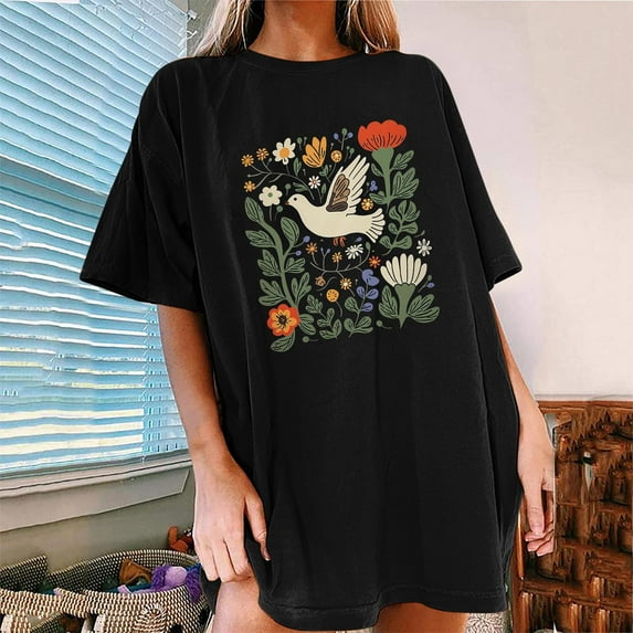 Njoeus Graphic Tees for Women Oversized Tshirts for Women Oversized Tshirts for Women Summer Floral Printed T Shirt Cute Flower Graphic Tees for Women Girls Loose Fitted Crew Neck Short Sleeve Casual