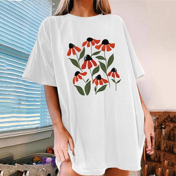 Njoeus Graphic Tees for Women Tshirts Shirts for Women Womens Casual Oversized T-Shirt Trendy Cute Floral Tops Summer Workout Shirts Loose Funny Flowers Graphic Tees for Women Teen Girls Vacation Outf