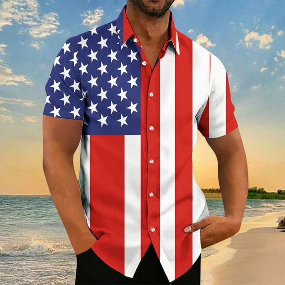 Njoeus Gym Tops Beach Shirts For Men Mens American Flag Hawaiian Shirt Casual Button Up Short Sleeve Beach Dress Shirt For Men Big & Tall Summer Holiday S-5Xl Men T-Shirts Graphic Tees On Clearance