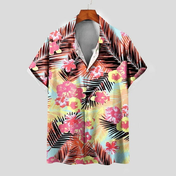 Njoeus Gym Tops Big & Tall Tops Men's Hawaiian Floral Print Shirts Short Sleeve Button Up T-Shirt Casual Beach Vacation Summer Tops for Men Big & Tall Sizes S-5Xl Summer Tops for Teens