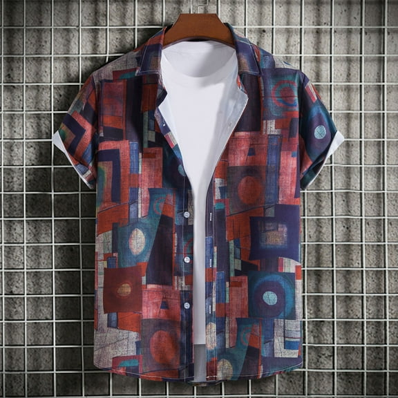 Njoeus Gym Tops Mens Graphic T Shirts Men's Casual Short Sleeve Hawaiian Shirts Summer Vintage Print Vacation Beach T-Shirt Button Up Blouse Tops M-3Xl Mens Shirts