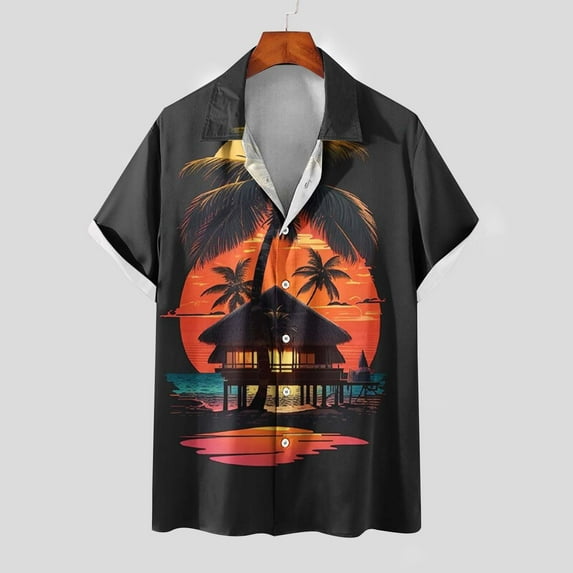 Njoeus Gym Tops Short Sleeve Tops Men Casual Hawaiian Floral Shirts Button Up Tropical Print Holiday Beach Shirts Tops Short Sleeve Blouse Graphic Tees
