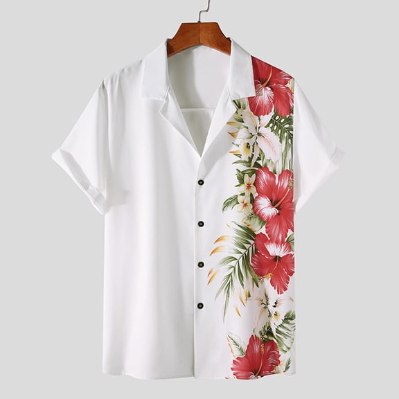 Njoeus Gym Tops Short Sleeve Tops Men's Hawaiian Shirt Short Sleeve Floral Printed Button Up T-Shirt Summer Beach Dress Shirts Summer Tops for Teens