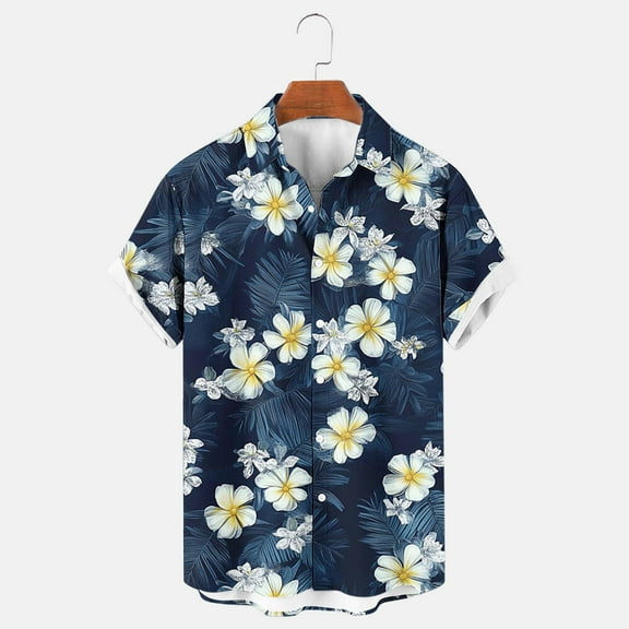 Njoeus Hawaiian Shirt for Men Tropical Pattern Beach Shirt Casual Big & Tall Button Up Shirts for Men Hawaii Vacation Summer Clothes 2X 3X 4X Clearance Navy